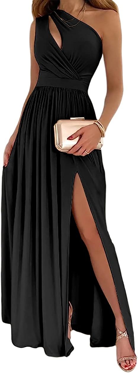 Women's One Shoulder High Split Cutout Sleeveless Elegant Sexy Cocktail Maxi Dress - Enfance-Heureuse