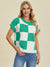 Double Take Full Size Checkered Round Neck Short Sleeve Sweater - Enfance-Heureuse