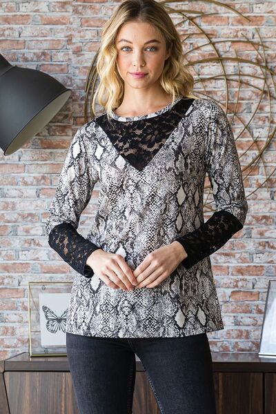Heimish Full Size Snakeskin Print Round Neck Lace Contrast Top - Enfance-Heureuse
