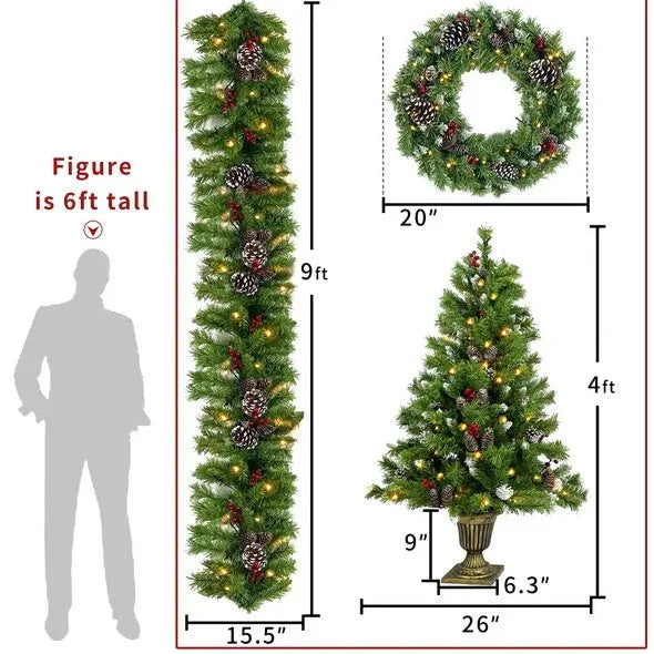 Pre-lit Xmas Tree Artificial Christmas 4-Piece Set,Garland, Wreath And Set Of 2 Entrance Trees X-mas - Enfance-Heureuse