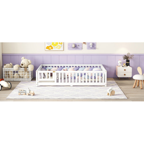 Full Size Bed Floor Bed With Safety Guardrails And Door For Kids, White - Enfance-Heureuse