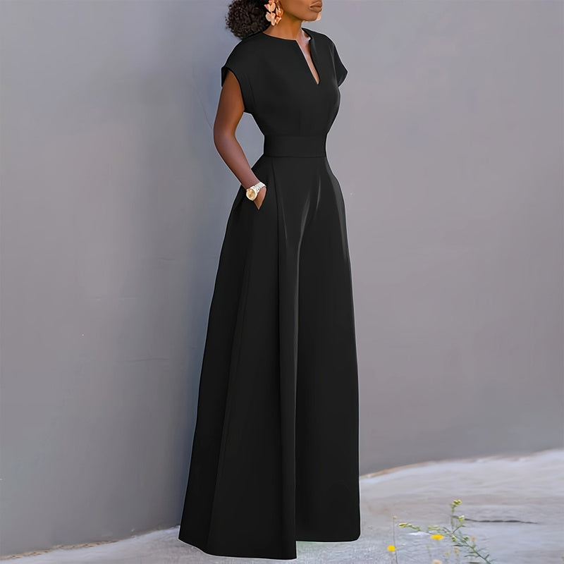 Women's V-Neck Solid Color Short Sleeve Jumpsuit Wide Leg A-Line Waist Tied Casual Summer Outfit - Enfance-Heureuse