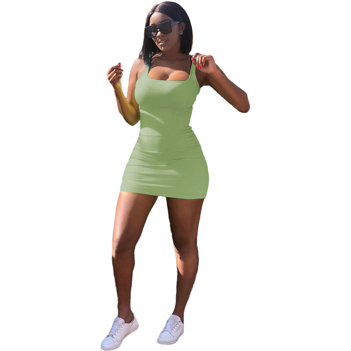 Casual Big U-neck Sunken Stripe Strap Slim Fit Dress