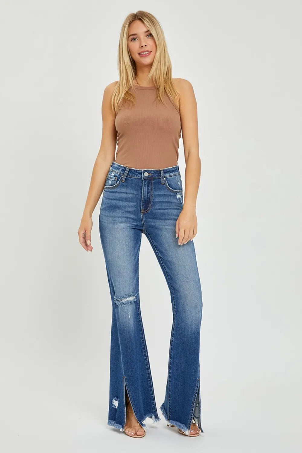 RISEN Full Size High Rise Front Slit Frayed Hem Flare Jeans - Enfance-Heureuse