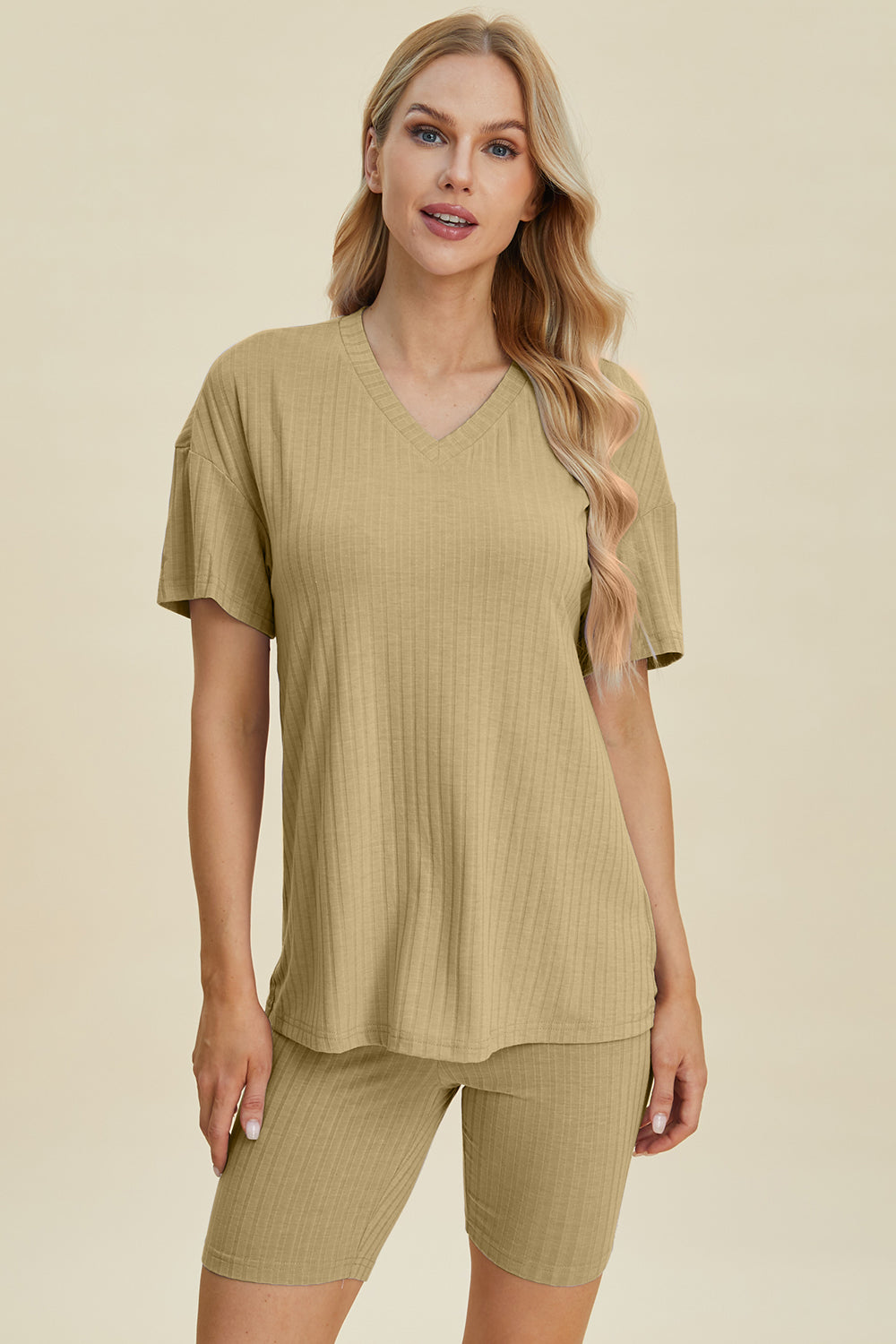 Basic Bae Full Size Ribbed V-Neck Short Sleeve Top and Shorts Set - Enfance-Heureuse