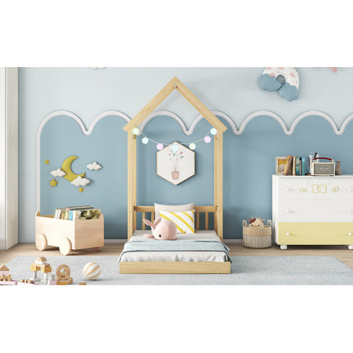 Twin House-shaped Roof Headboard Floor Bed,,without Slats,Natural - Enfance-Heureuse
