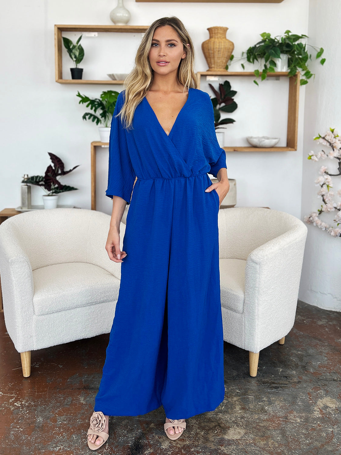 Double Take Full Size Surplice Wide Leg Jumpsuit with Pockets - Enfance-Heureuse