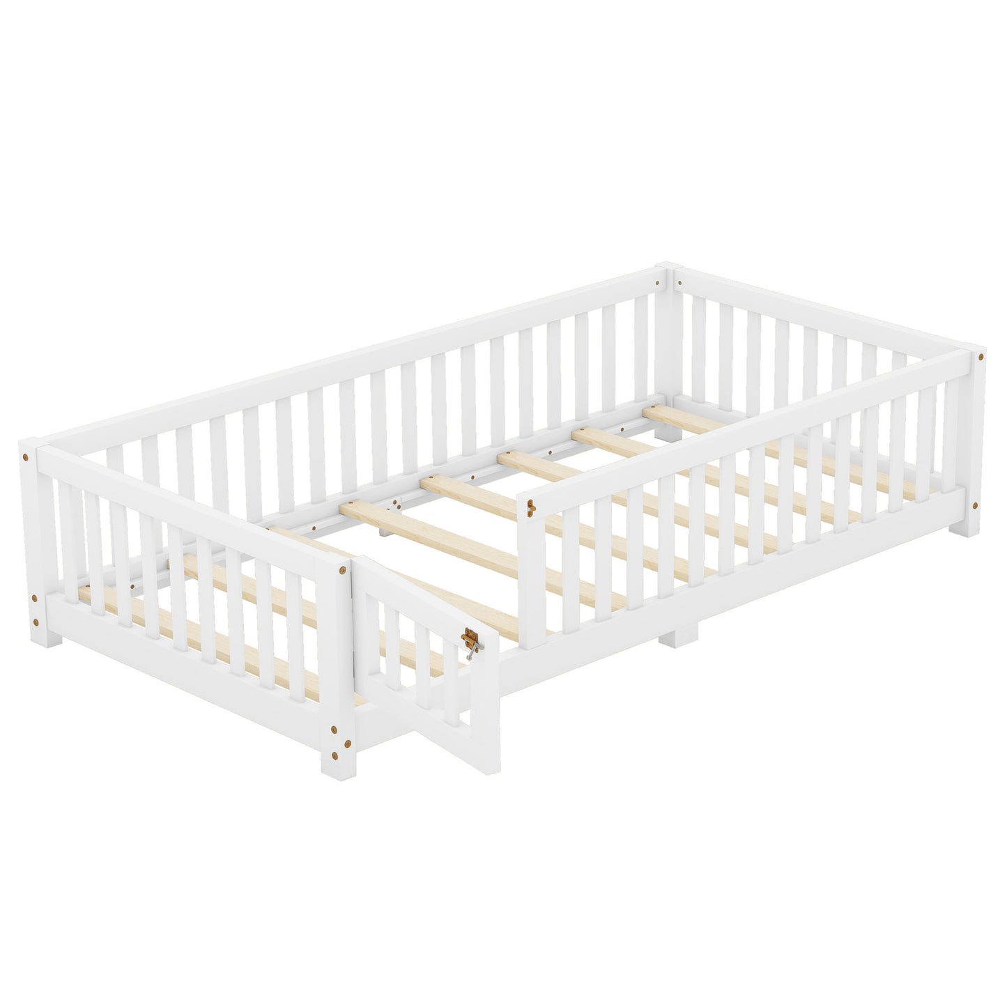 Twin Size Bed Floor Bed With Safety Guardrails And Door For Kids, White - Enfance-Heureuse