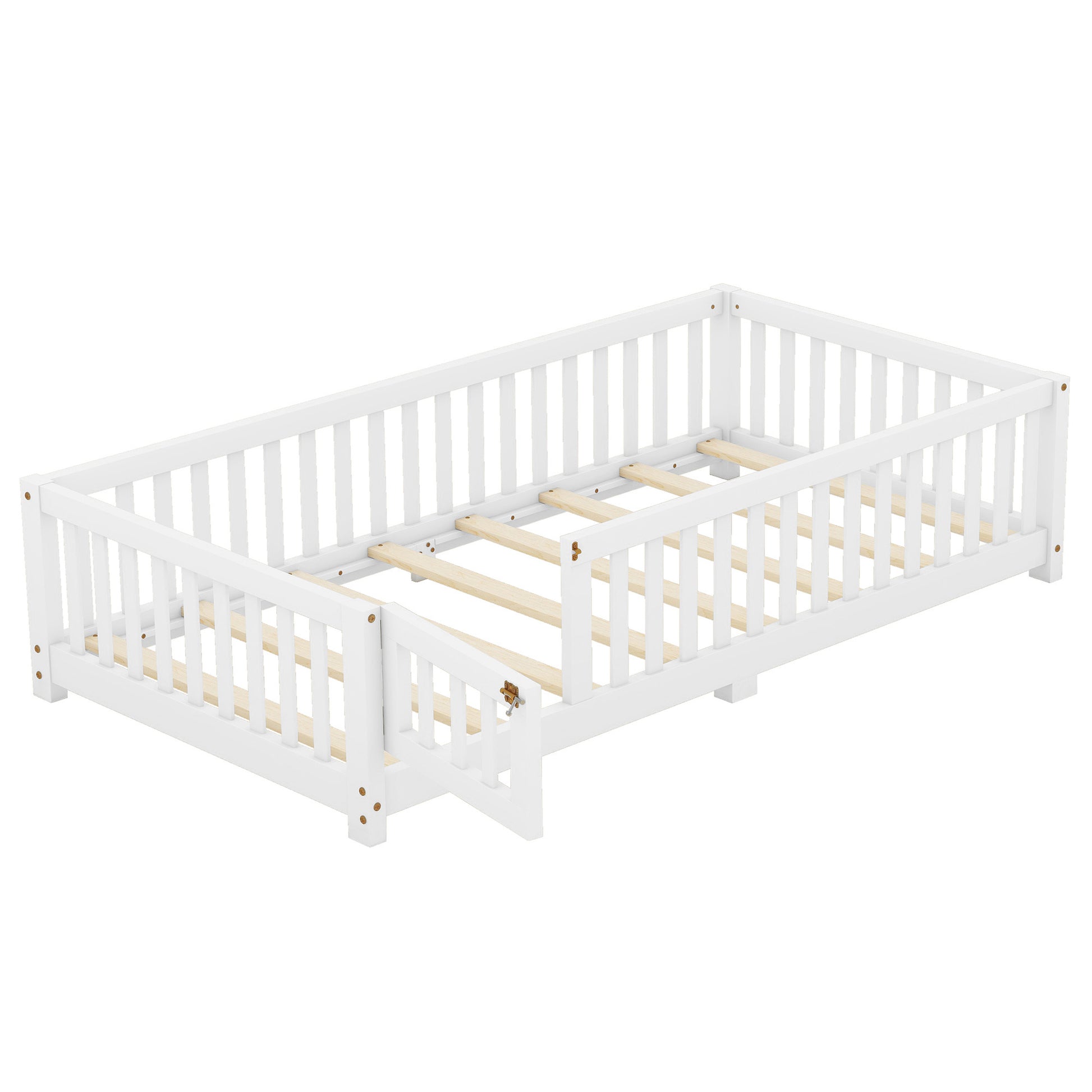 Twin Size Bed Floor Bed With Safety Guardrails And Door For Kids, White - Enfance-Heureuse