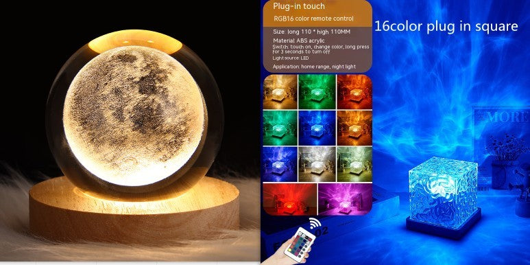 LED Water Ripple Ambient Night Light USB Rotating Projection Crystal Table Lamp RGB Dimmable Home Decoration 16 Color Gifts - Enfance-Heureuse