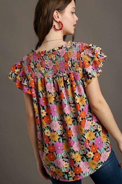 Umgee Full Size Floral Printed Smocked Top Plus Size