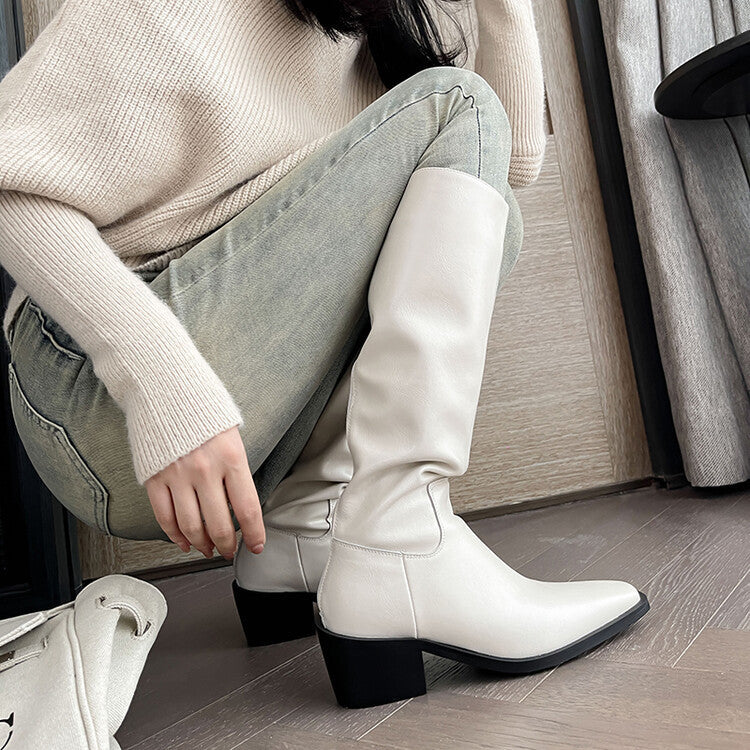 British Style Square Toe Mid-heel Thick Heel White Cowhide High Leg Boot Back Zipper - Enfance-Heureuse
