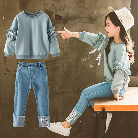 Girls' Lace Sleeve Jeans Two-Piece Set - Enfance-Heureuse