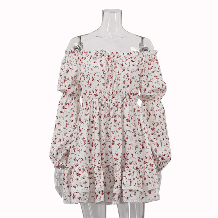 Sexy Off-neck Puff Sleeve Pleated Tube Top Printed Waist-controlled Dress - Enfance-Heureuse