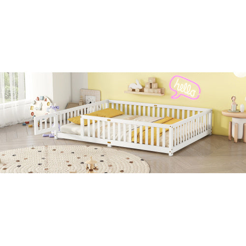 Queen Size Bed Floor Bed With Safety Guardrails And Door For Kids, White - Enfance-Heureuse