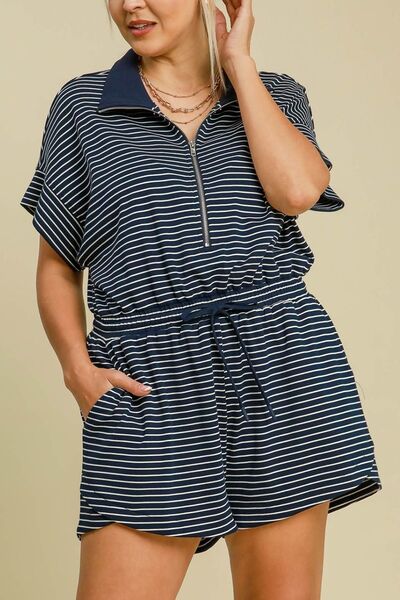 Umgee Full Size Half Zip Striped Romper Plus Size - Enfance-Heureuse