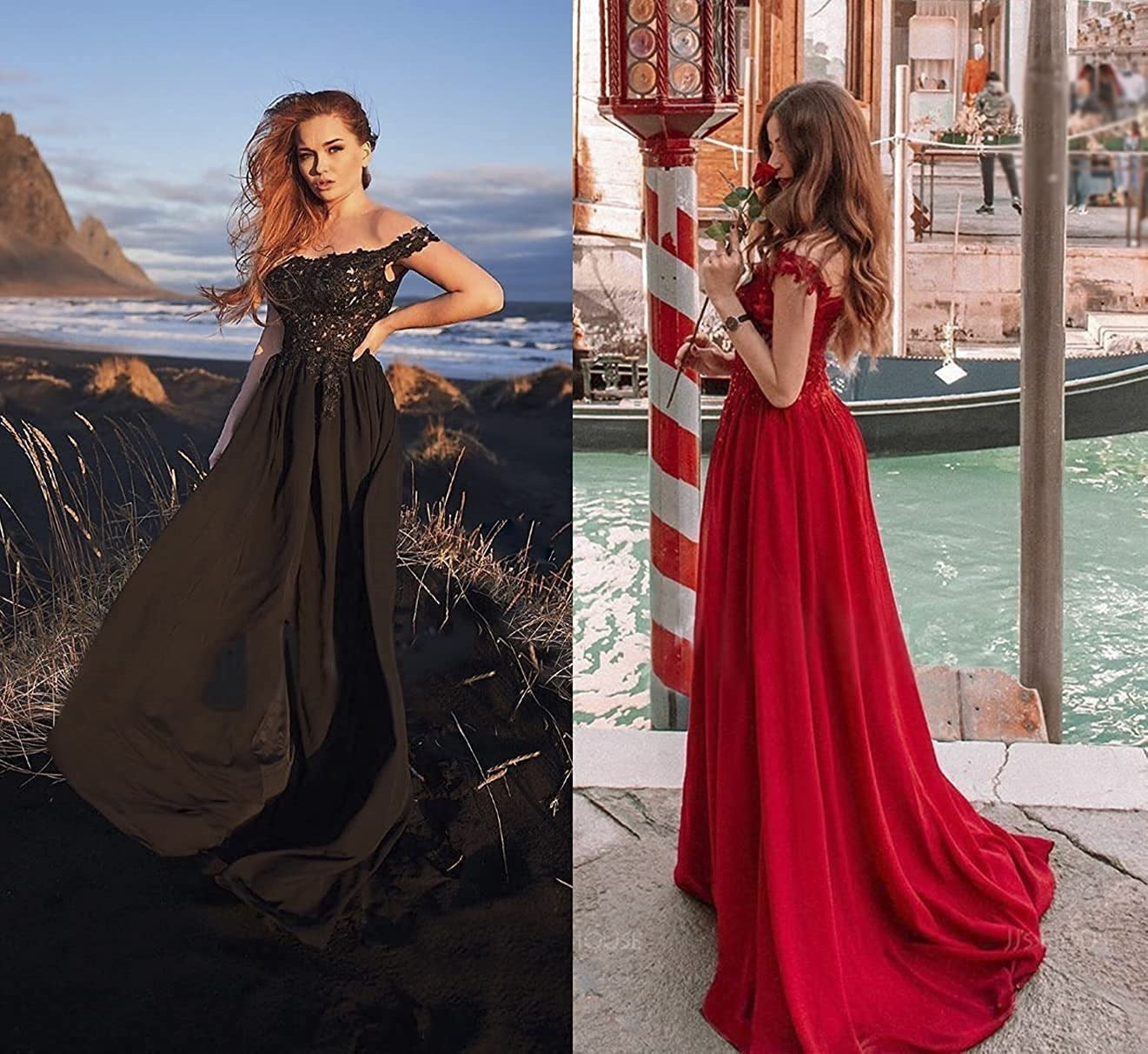 Women's Off-shoulder Shoulder-baring Long Prom Dress Slit Lace - Enfance-Heureuse