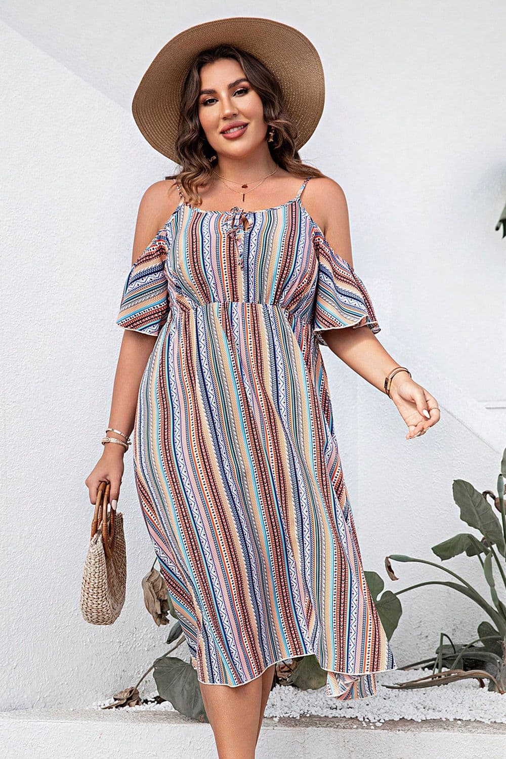 Plus Size Striped Cold-Shoulder Dress - Enfance-Heureuse