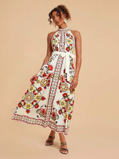 Women's Floral Print Lace-up Sleeveless Mid-length Dress - Enfance-Heureuse