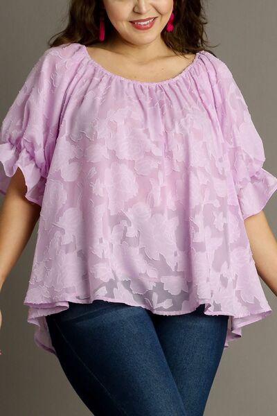 Umgee Full Size Jacquard Round Neck Ruffled Puff Sleeve Blouse Plus Size - Enfance-Heureuse