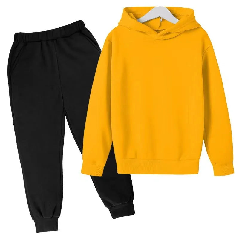 Solid Color Set With Fleece Loose Fitting Hoodie And Pants, Two-piece Set - Enfance-Heureuse