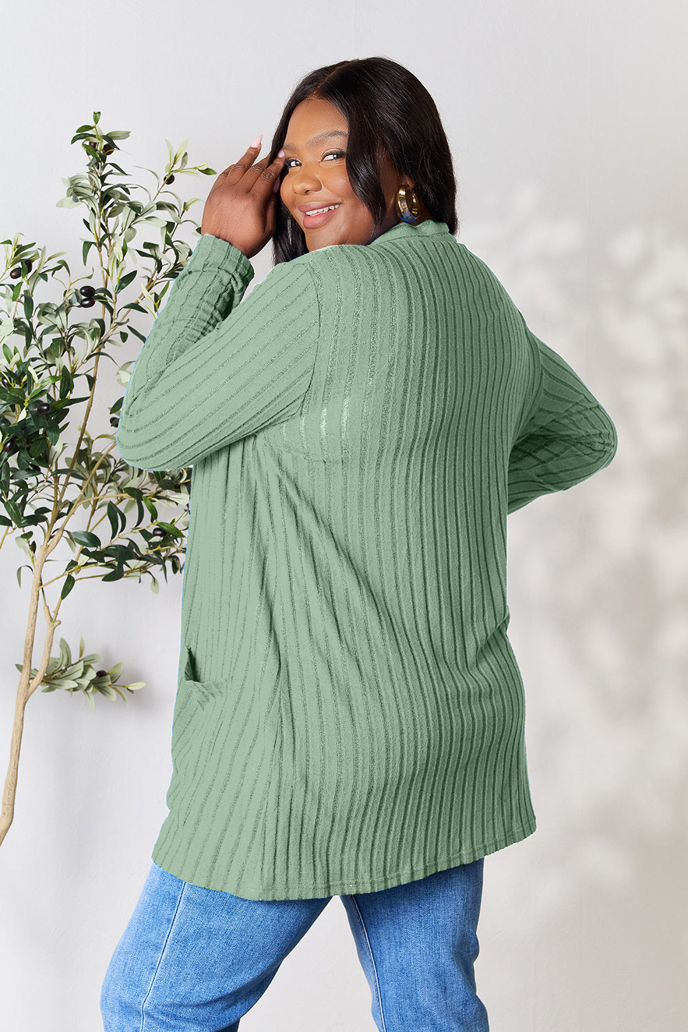 Basic Bae Full Size Ribbed Open Front Cardigan with Pockets - Enfance-Heureuse