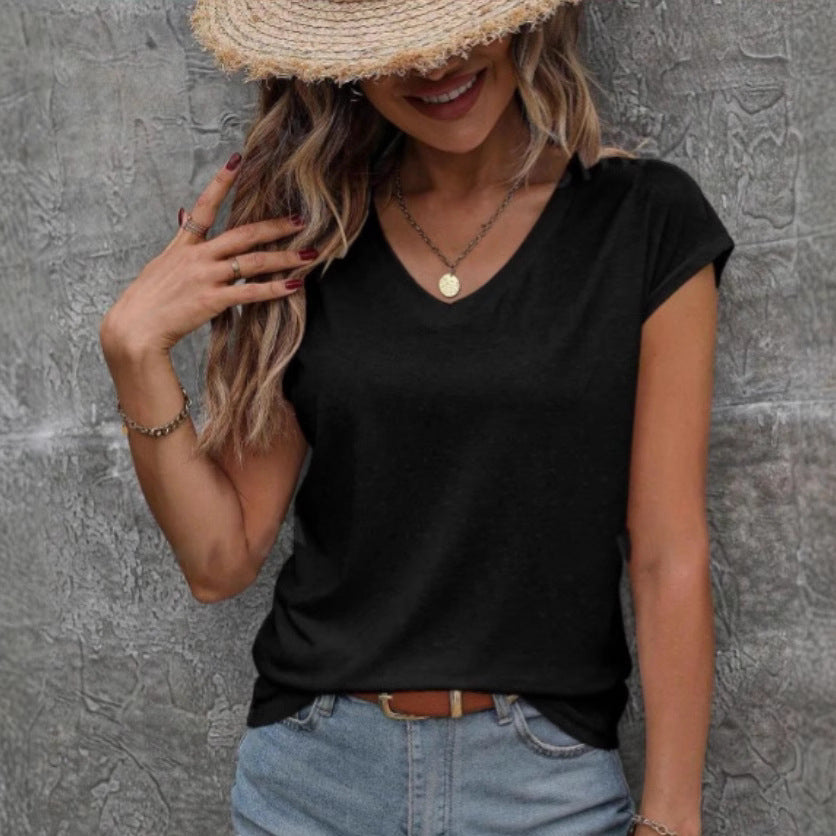 Women's Solid Color And V-neck Short Sleeve Loose - Enfance-Heureuse