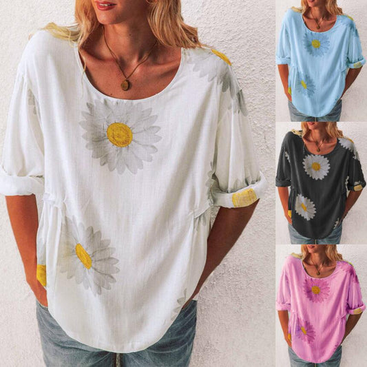 Mid-sleeved Chrysanthemum Cotton And Linen Printed T-shirt Women's Clothing - Enfance-Heureuse