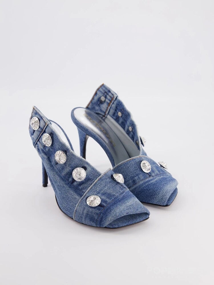 Women's Stiletto Heel Square Toe Denim Metal Rivet Slippers - Enfance-Heureuse