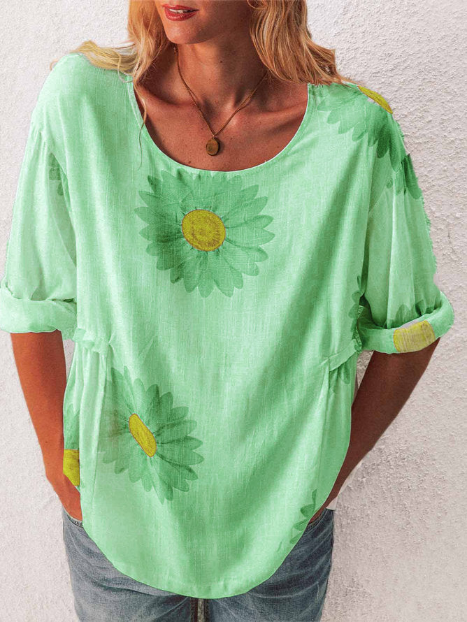 Mid-sleeved Chrysanthemum Cotton And Linen Printed T-shirt Women's Clothing - Enfance-Heureuse