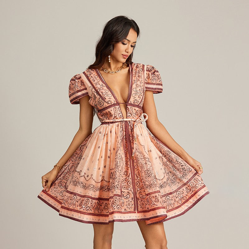 Vacation Style Printed Short Dress - Enfance-Heureuse