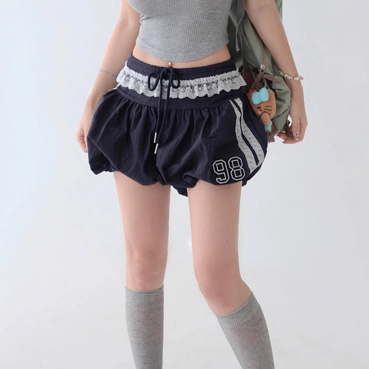 Lace Edge Elastic Waistband Lace-up Loose Shorts For Women - Enfance-Heureuse