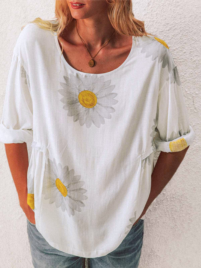 Mid-sleeved Chrysanthemum Cotton And Linen Printed T-shirt Women's Clothing - Enfance-Heureuse