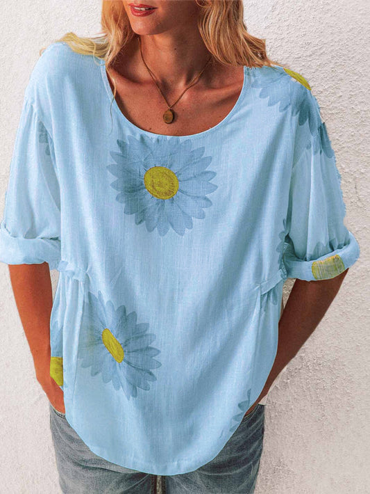 Mid-sleeved Chrysanthemum Cotton And Linen Printed T-shirt Women's Clothing - Enfance-Heureuse
