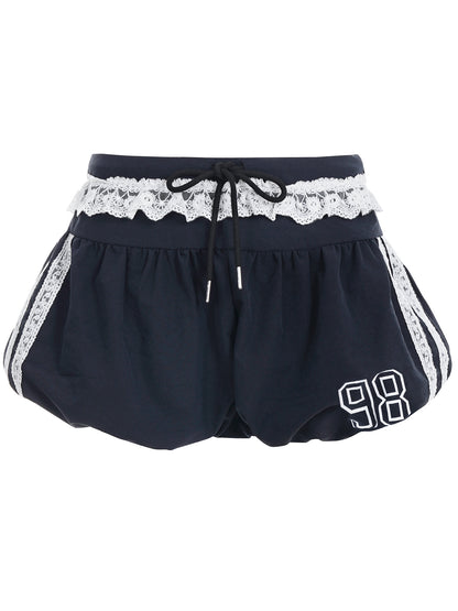 Lace Edge Elastic Waistband Lace-up Loose Shorts For Women - Enfance-Heureuse