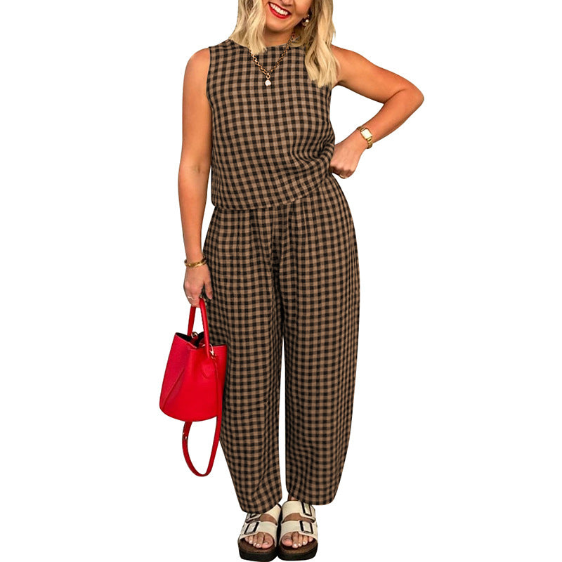 Printed Plaid Loose Casual Sleeveless Vest Pants Suit - Enfance-Heureuse