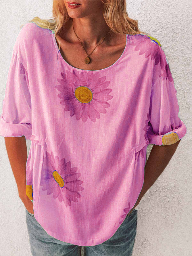 Mid-sleeved Chrysanthemum Cotton And Linen Printed T-shirt Women's Clothing - Enfance-Heureuse