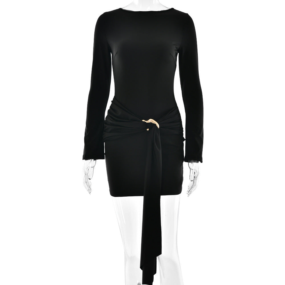 Women's Autumn Temperament Round Neck Long Sleeved Tight Fitting Dress - Enfance-Heureuse
