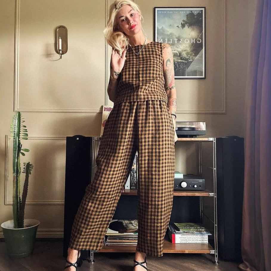 Printed Plaid Loose Casual Sleeveless Vest Pants Suit - Enfance-Heureuse