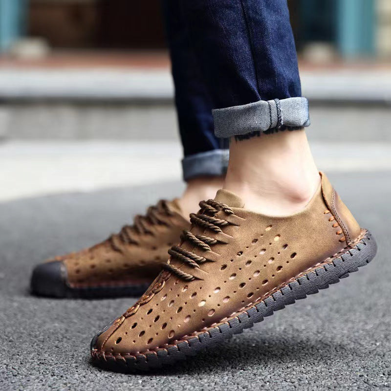 Breathable Hollow Men's Shoes Hand Stitching Gommino - Enfance-Heureuse