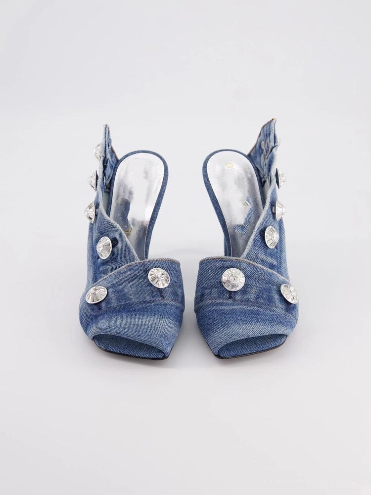 Women's Stiletto Heel Square Toe Denim Metal Rivet Slippers - Enfance-Heureuse