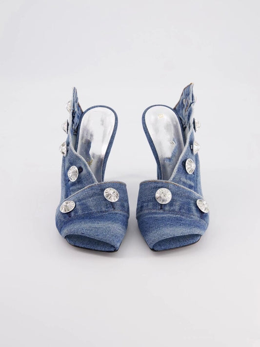Women's Stiletto Heel Square Toe Denim Metal Rivet Slippers - Enfance-Heureuse
