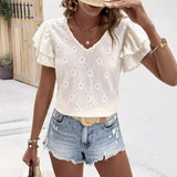 Casual Solid Color Double-layer Ruffle Sleeve V-neck Hollow Top