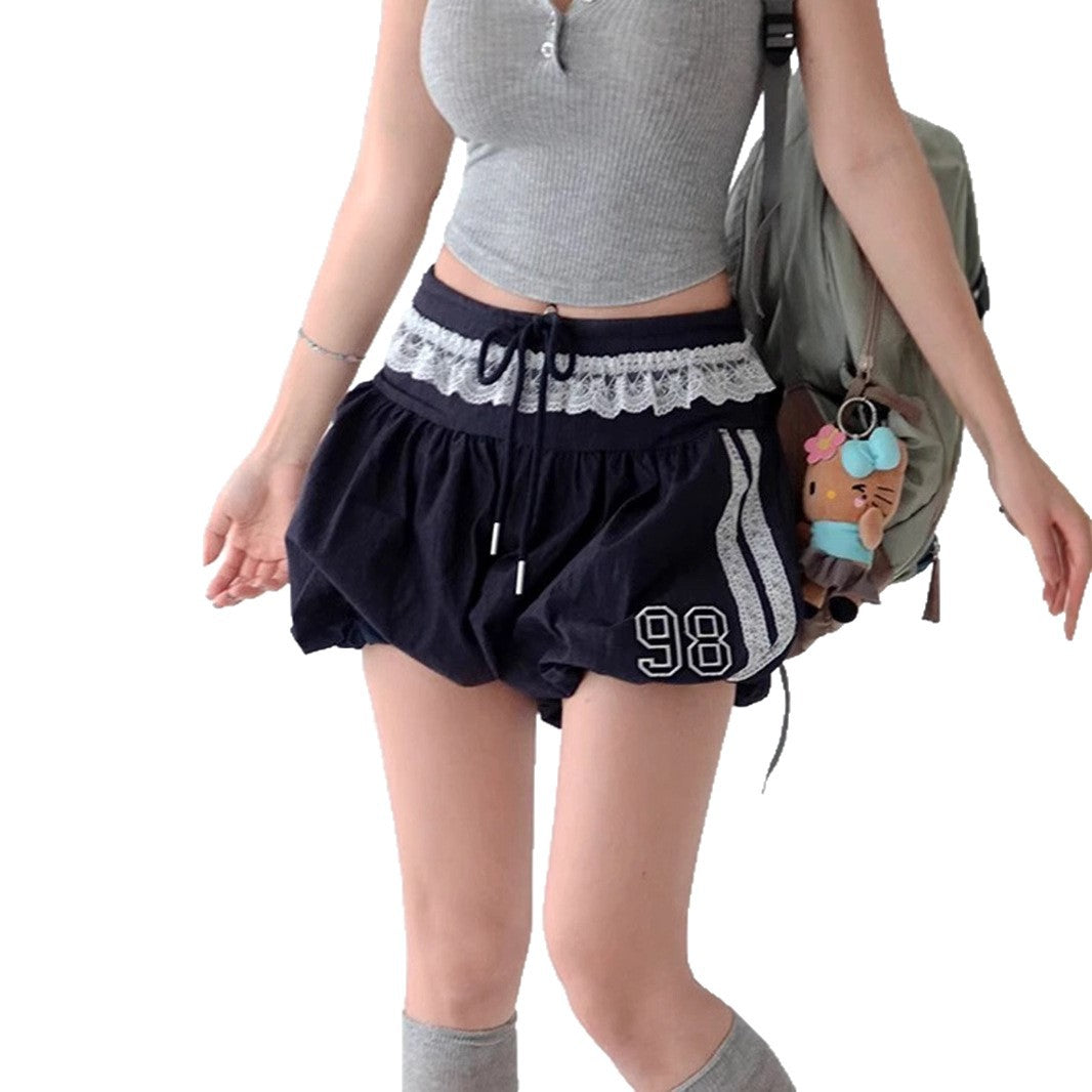 Lace Edge Elastic Waistband Lace-up Loose Shorts For Women - Enfance-Heureuse