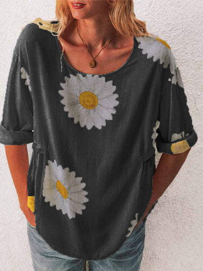 Mid-sleeved Chrysanthemum Cotton And Linen Printed T-shirt Women's Clothing - Enfance-Heureuse