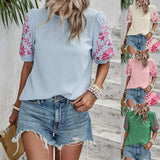 Women's SpringSummer Embroidered Crew Neck Bubble Short Sleeve Shirt Top - Enfance-Heureuse