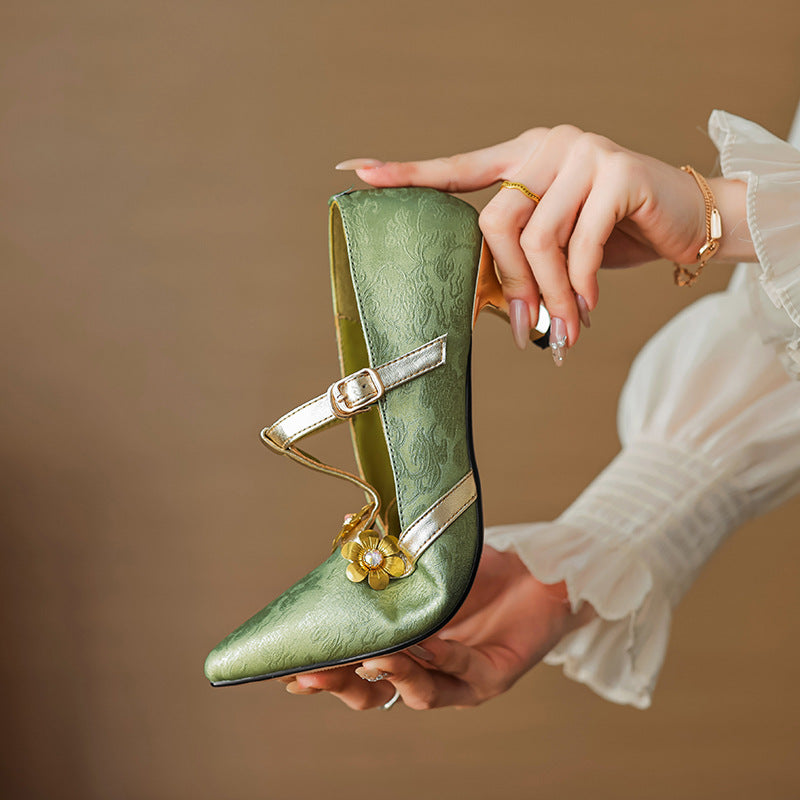 Stiletto Heel T-shaped Flower Leather Pointed High Heel Shoes - Enfance-Heureuse