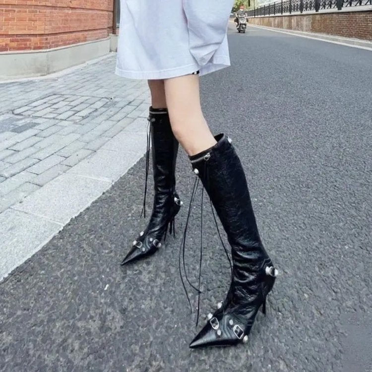European And American New Pointed Toe Stiletto Heel Metal Rivet Motorcycle Catwalk Women's Boots - Enfance-Heureuse