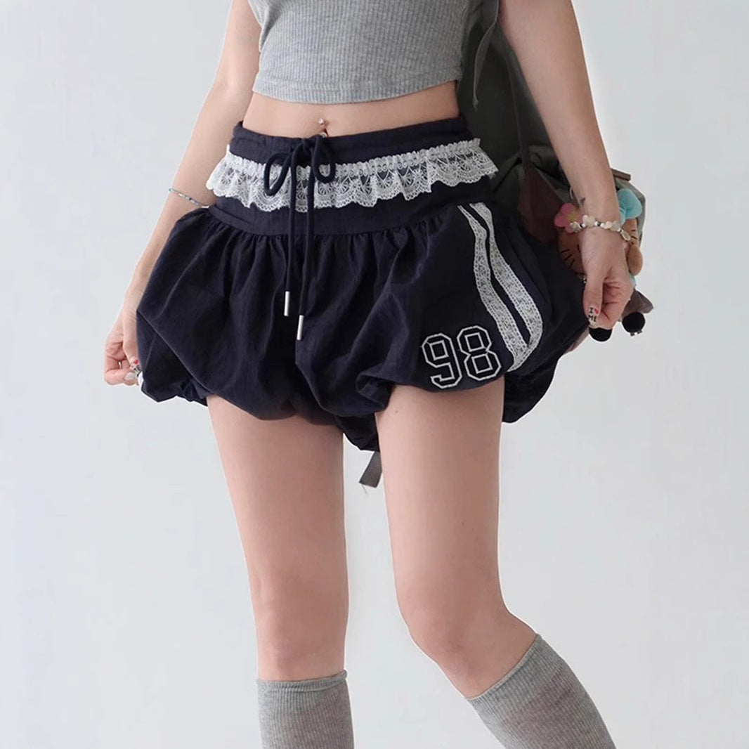 Lace Edge Elastic Waistband Lace-up Loose Shorts For Women - Enfance-Heureuse