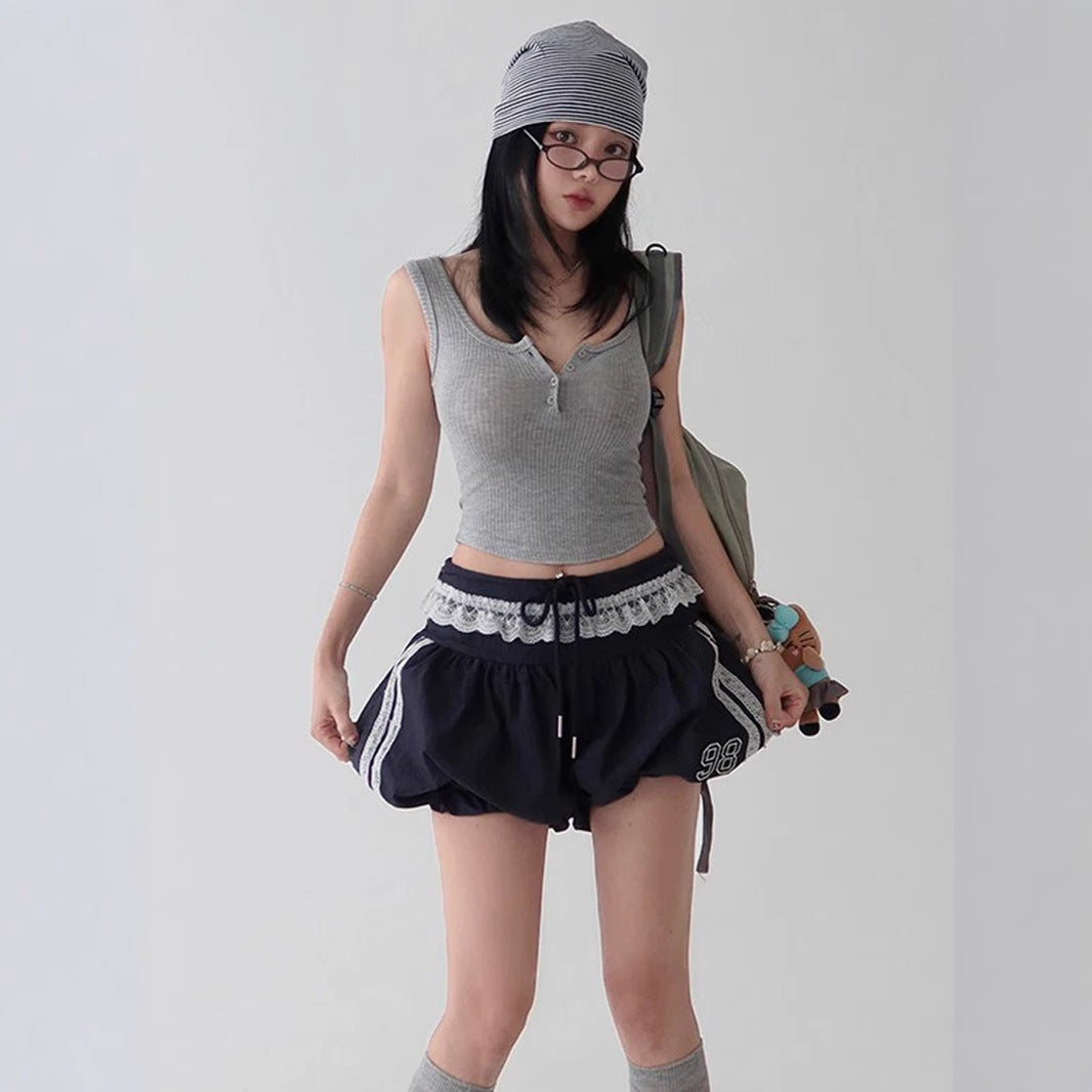 Lace Edge Elastic Waistband Lace-up Loose Shorts For Women - Enfance-Heureuse